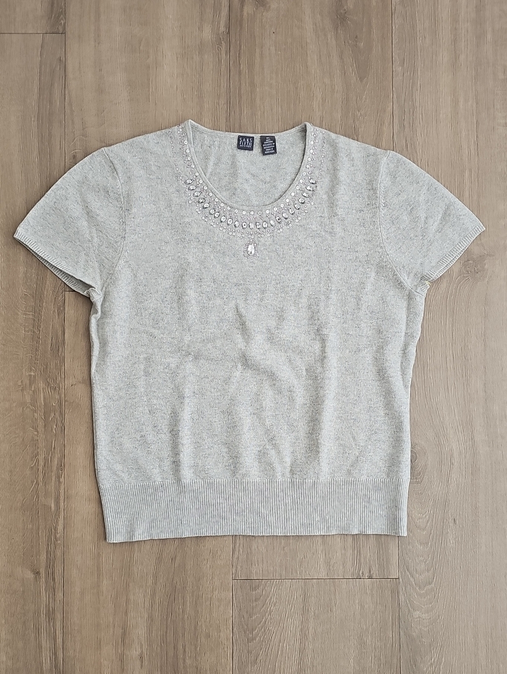 Saks Fifth Ave Cashmere Light Gray Short Sleeve Embellished Crewneck Top